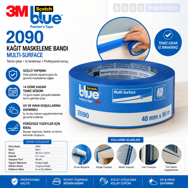 3M 2090 ScotchBlue Mavi Maskeleme Bandı 48mm X 54,80m Profesyonel Boya Bandı