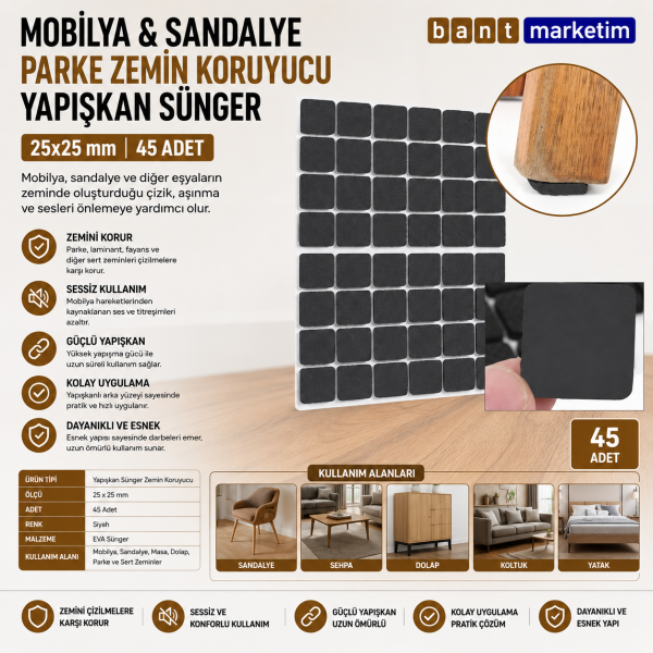 Mobilya Sandalye Parke Zemin Koruyucu Yapışkanlı Sünger 25x25 mm – 45 Adet Siyah