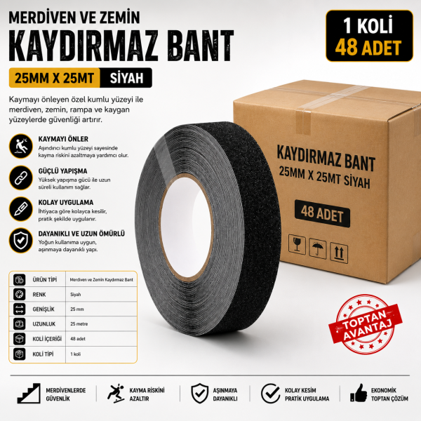 Merdiven ve Zemin Kaydırmaz Bant 25 mm x 25 Metre Siyah – 48 Adet 1 Koli