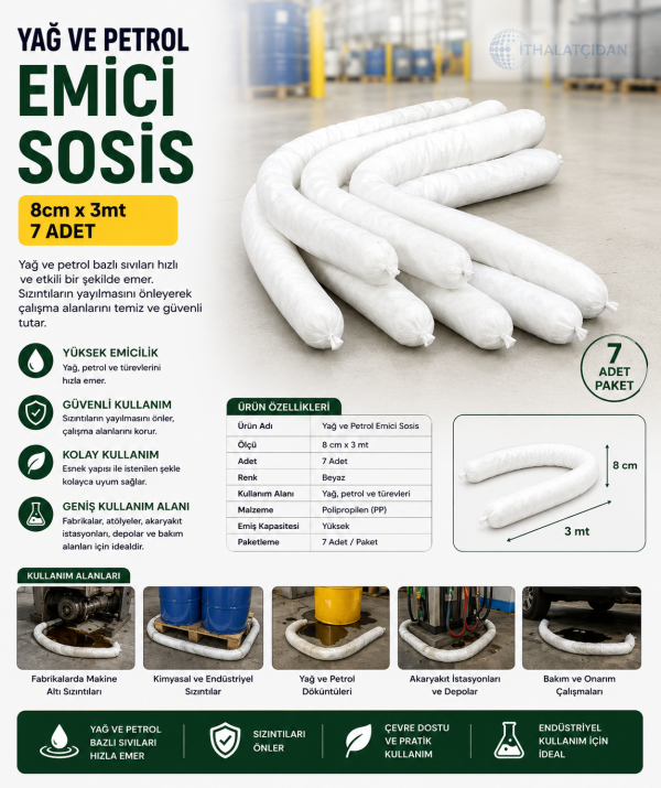 7 Adet Yağ Ve Petrol Emici Sosis 8cm X 3mt