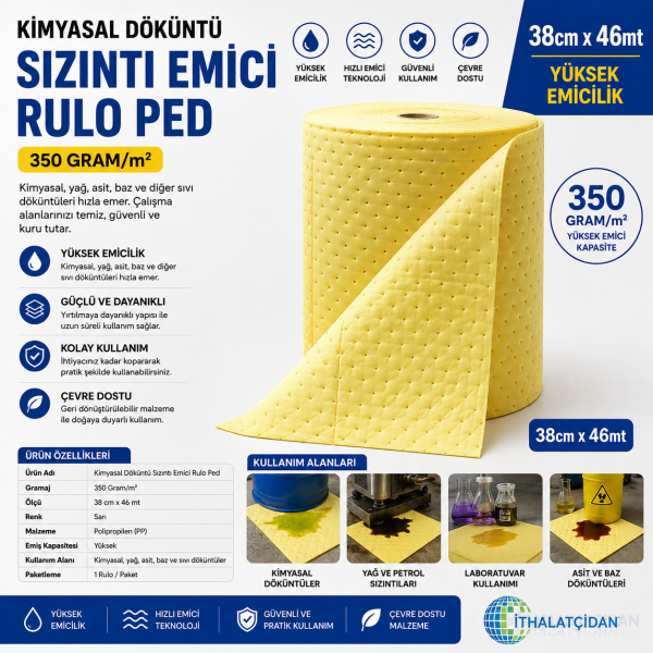 Kimyasal Döküntü Sızıntı Emici Rulo Ped 350 Gram/m2 38cmx46mt