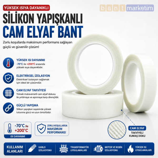 Silikon Yapışkanlı Cam Elyaf Bant Yüksek Isı Dayanıklı Elektrik İzolasyon Bandı 50mmx33m