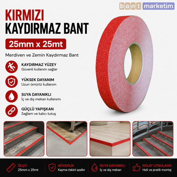 Kırmızı Merdiven ve Zemin Kaydırmaz Bant 25mm x 25mt – Kaymaz Antislip Bant