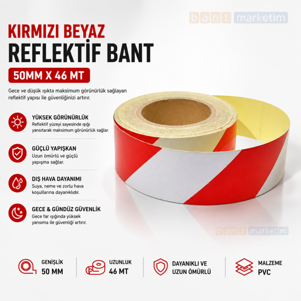 Kırmızı Beyaz Reflektif Bant 50mm x 46 Metre Reflektör Şerit Bant Kendinden Yapışkanlı