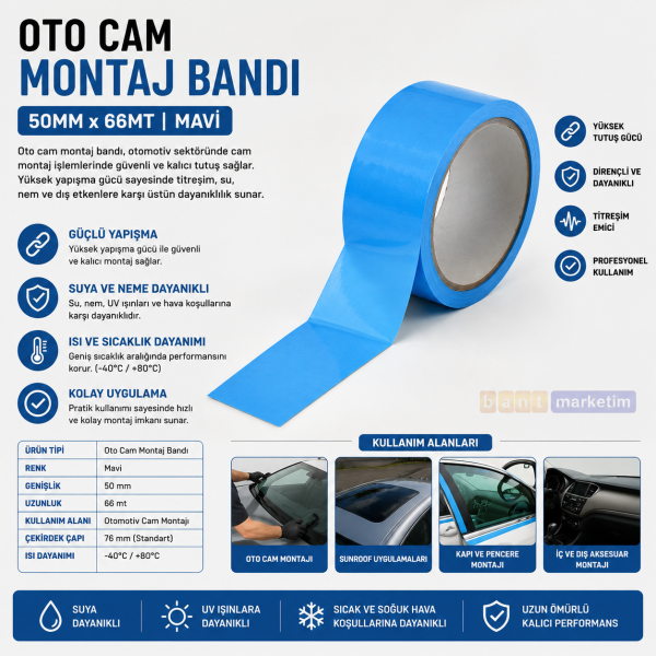 Oto Cam Montaj Bandı 50 mm x 66 Metre Mavi – Otomotiv Cam Yapıştırma ve Sabitleme Bandı
