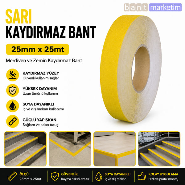 Sarı Merdiven ve Zemin Kaydırmaz Bant 25mm x 25mt – Kaymaz Antislip Bant