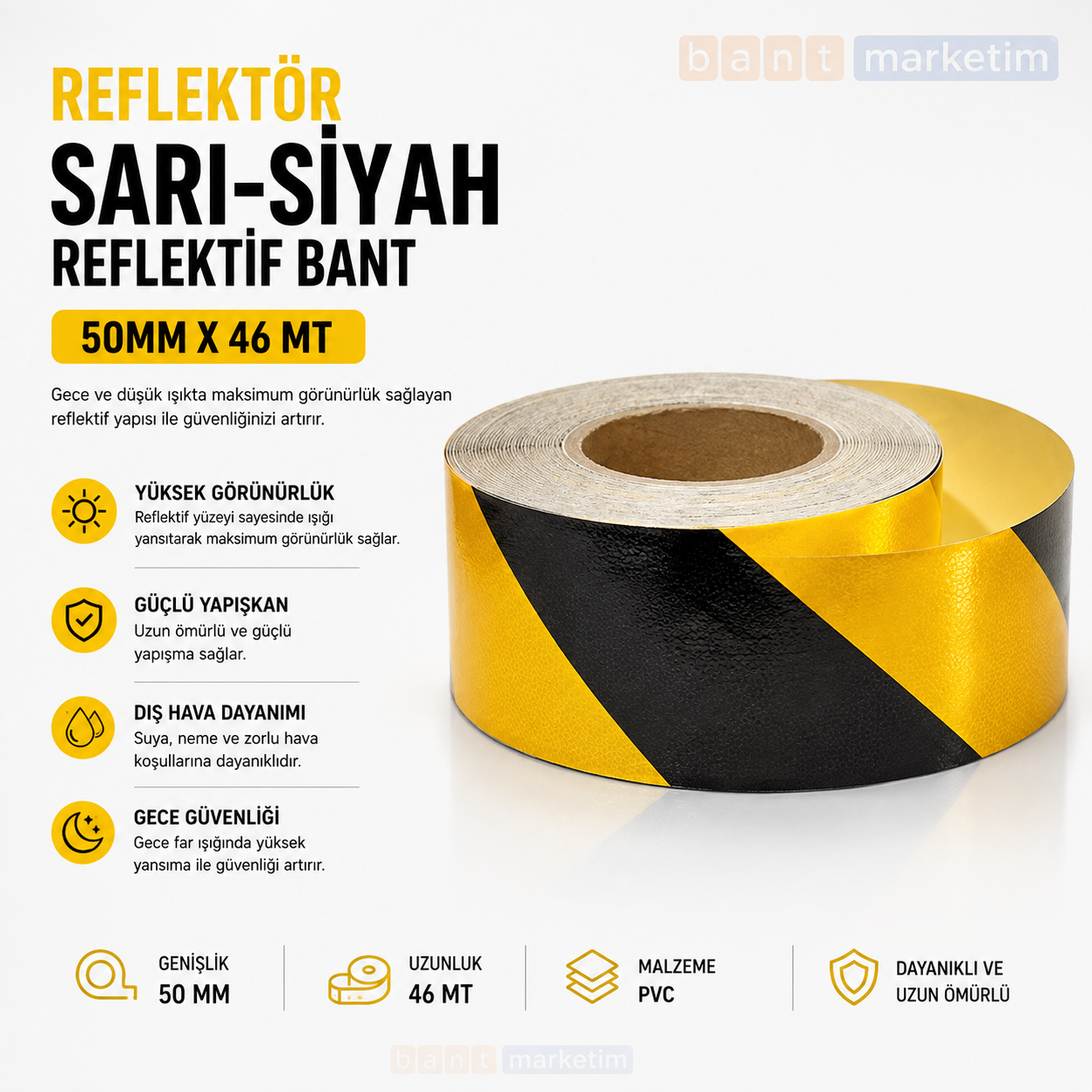 Evi̇mdeyokyok Sarı Si̇yah Reflekti̇f Bant 50Mm X 46Mt Reflektör İkaz Şeri̇di̇ Kendi̇nden Yapışkanlı