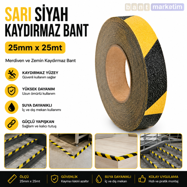 Sarı Siyah Merdiven ve Zemin Kaydırmaz Bant 25mm x 25mt – Kaymaz Antislip Bant