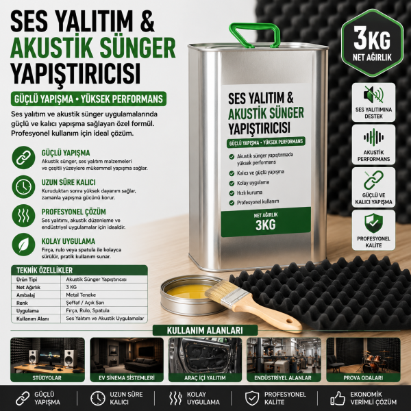 Ses Yalıtım ve Akustik Sünger Yapıştırıcısı 3 kg – Güçlü Yapışkanlı Akustik Sünger Tutkalı