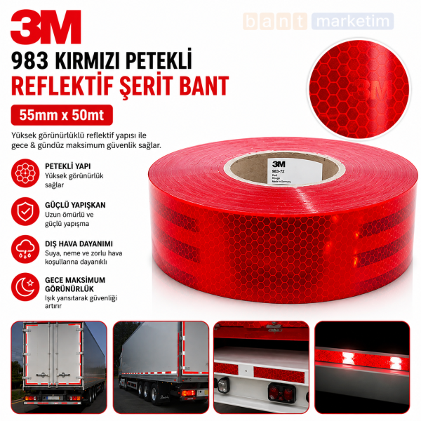 3M 983 Kırmızı Petekli Reflektif Şerit Bant 55 mm x 50 mt