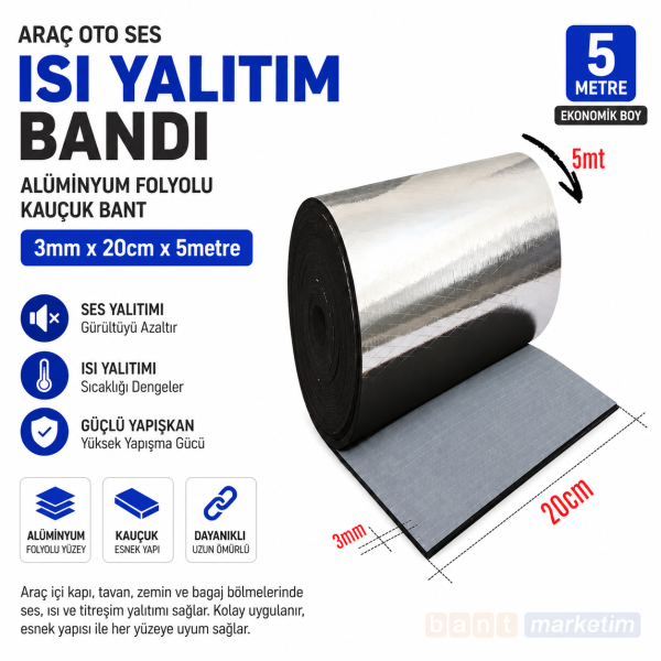 Araç Oto Ses Isı Yalıtım Bandı 3mm x 20cm x 5 Metre Alüminyum Folyolu Kauçuk İzolasyon Bantı