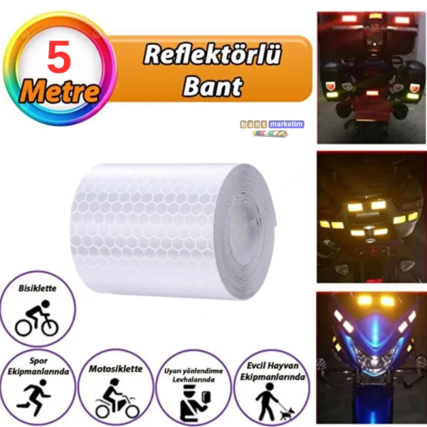 Reflektörlü Reflektif Fosforlu Şerit Bant Petekli Reflekte İkaz Bandı 5 cm x 5 Metre Beyaz