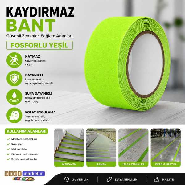 Yeşil Fosforlu Kaydırmaz Bant 5cmx5m Yeşil Fosforlu Merdiven Kaydırmaz Bandı