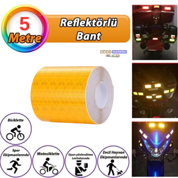 Reflektörlü Reflektif Fosforlu Şerit Bant Petekli Reflekte İkaz Bandı 5 cm x 5 Metre Sarı