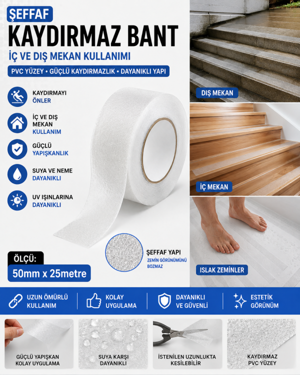 Şeffaf Havuz Banyo Küvet İç ve Dış Mekan Merdiven Kaydırmaz Kaymaz Bant 50mm x 25mt
