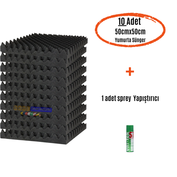 Akustik Yumurta Sünger 60dns Yanmaz 50cmx50cm 40mm (10adet + 1 Sprey Yapıştırıcı)