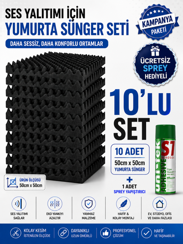 Akustik Yumurta Sünger 40mm 60 DNS Yanmaz 50x50cm 10 Adet + 1 Sprey Yapıştırıcı