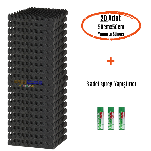 Akustik Yumurta Sünger 60dns Yanmaz 50cmx50cm 40mm (20adet + 3 Sprey Yapıştırıcı)