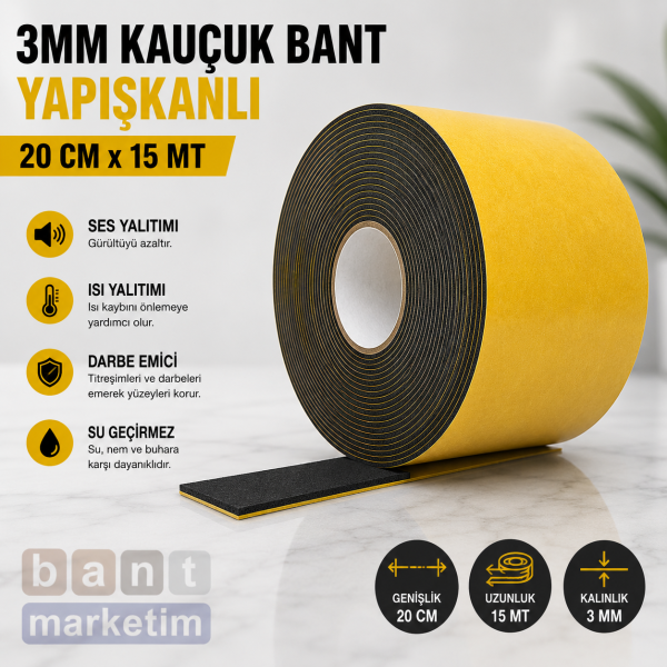 3mm Kauçuk Bant Yapışkanlı 20cm x 15 Metre – Kendinden Yapışkanlı Ses ve Isı Yalıtım Bandı