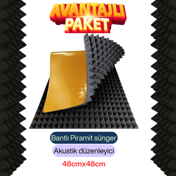 Yanmaz Akustik Ses Yalıtımı Bantlı Piramit Sünger (4cm) Ebat 48x48 (10Adet)