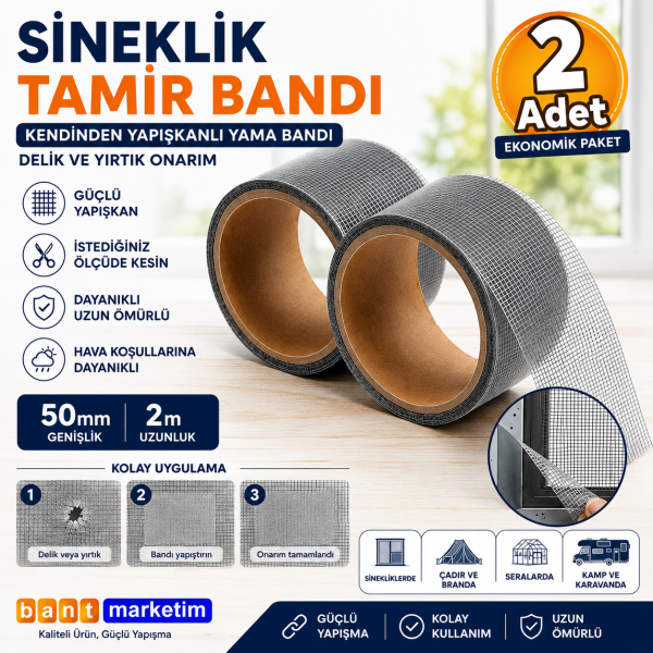 Sineklik Tamir Bandı 50mm x 2m Kendinden Yapışkanlı Yama Bandı Delik ve Yırtık Onarım (2 Adet)