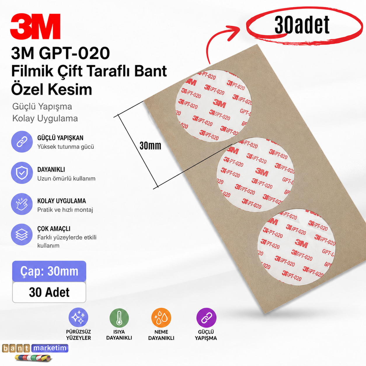 Evi̇mdeyokyok 3M Gpt-020 Fi̇lmi̇k Çi̇ft Taraflı Bant Özel Kesi̇m 30Mm (30Adet)