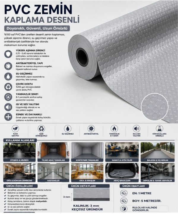 PVC Desenli Zemin Kaplama Muşambası 2mm 1x5 Metre Kaymaz Araç Konteyner Oto Taban Kaplaması Gri