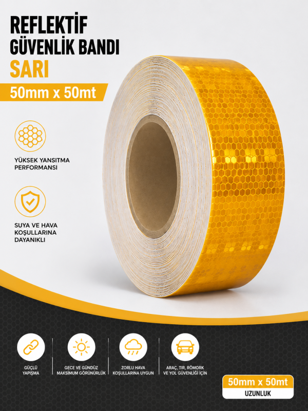 Bal Petekli Reflektif Bant Sarı 50mm x 50m Kendinden Yapışkanlı Reflektör Şerit Uyarı Bandı