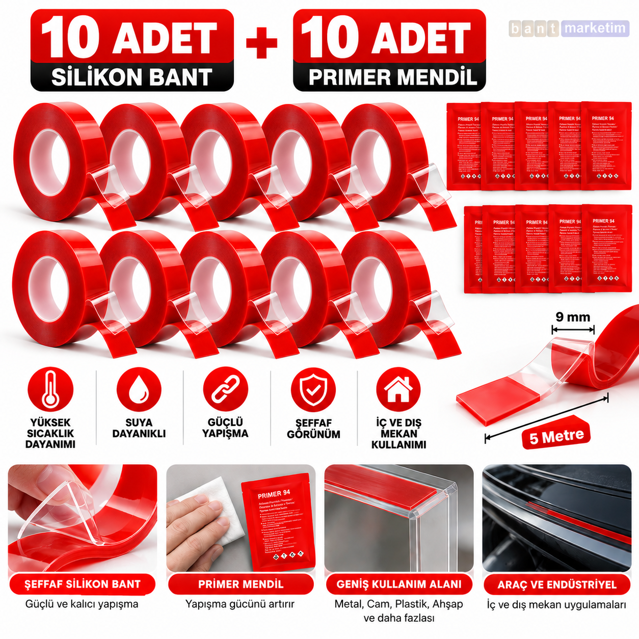 Evi̇mdeyokyok Si̇li̇kon Çi̇ft Taraflı Bant 10Adet 9Mm X 5M + 10Adet 3M Pri̇mer 94 Yapışma Güçlendi̇ri̇ci̇ Set