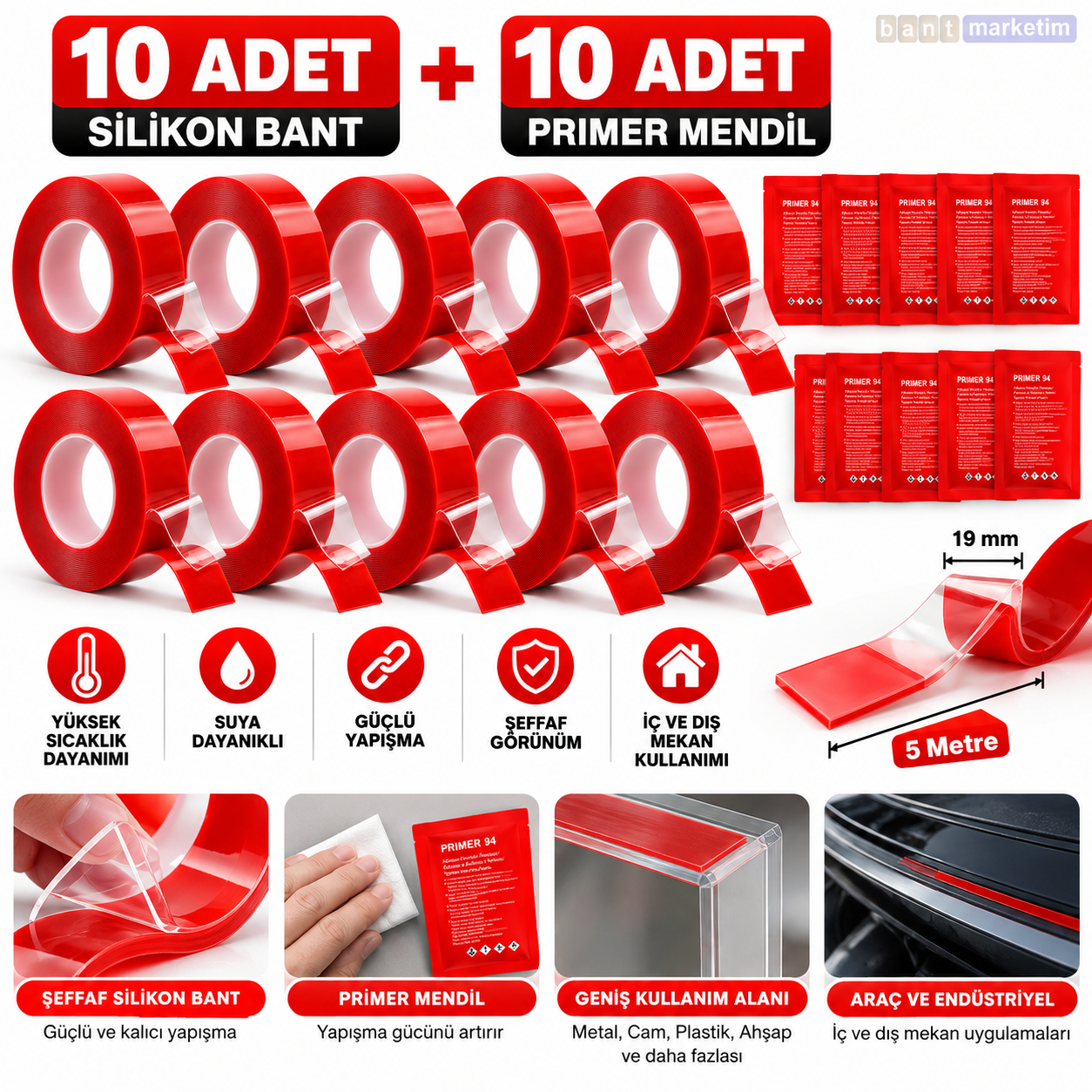 Evi̇mdeyokyok Si̇li̇kon Çi̇ft Taraflı Bant 10Adet 19Mm X 5M + 10Adet 3M Pri̇mer 94 Yapışma Güçlendi̇ri̇ci̇ Set