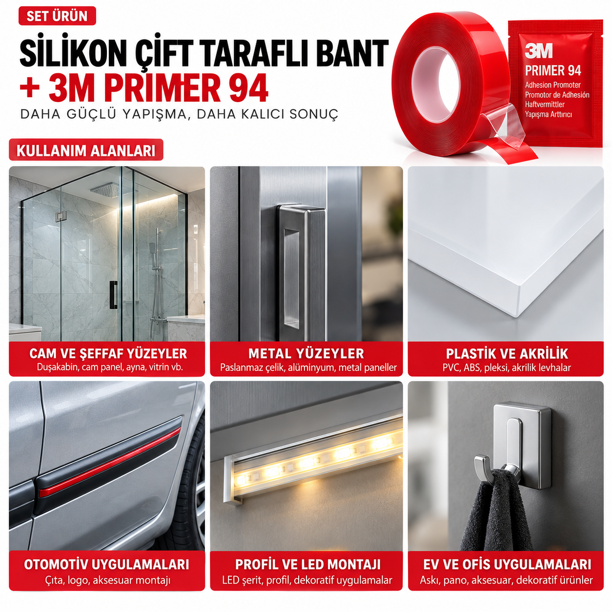 Evi̇mdeyokyok Si̇li̇kon Çi̇ft Taraflı Bant 10Adet 19Mm X 5M + 10Adet 3M Pri̇mer 94 Yapışma Güçlendi̇ri̇ci̇ Set